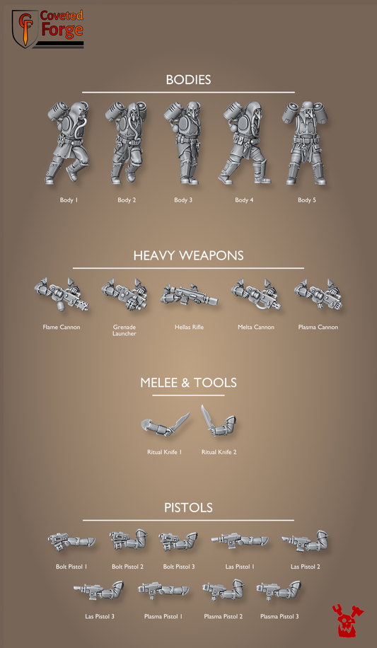 Ravenswatch Cultists build-kit parts sheet: five bodies, bolt/las/plasma pistols, ritual knives and heavy weapons, each labeled, by Dakka Dakka Store