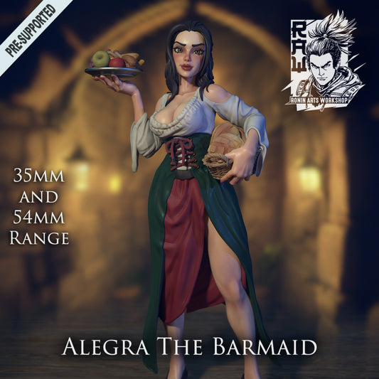 Barmaid Alegra | Multiple Scales | Resin 3D Printed Miniature | Ronin Arts Workshop