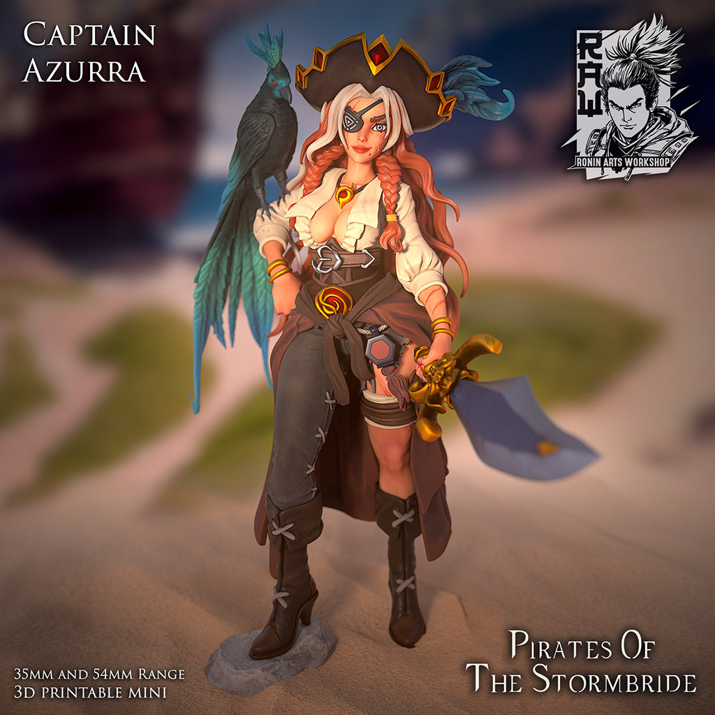 Pirate Captain Azurra | Pirates of the Stormbride | 28mm-120mm Scale | Resin 3D Printed Miniature | Ronin Arts Workshop