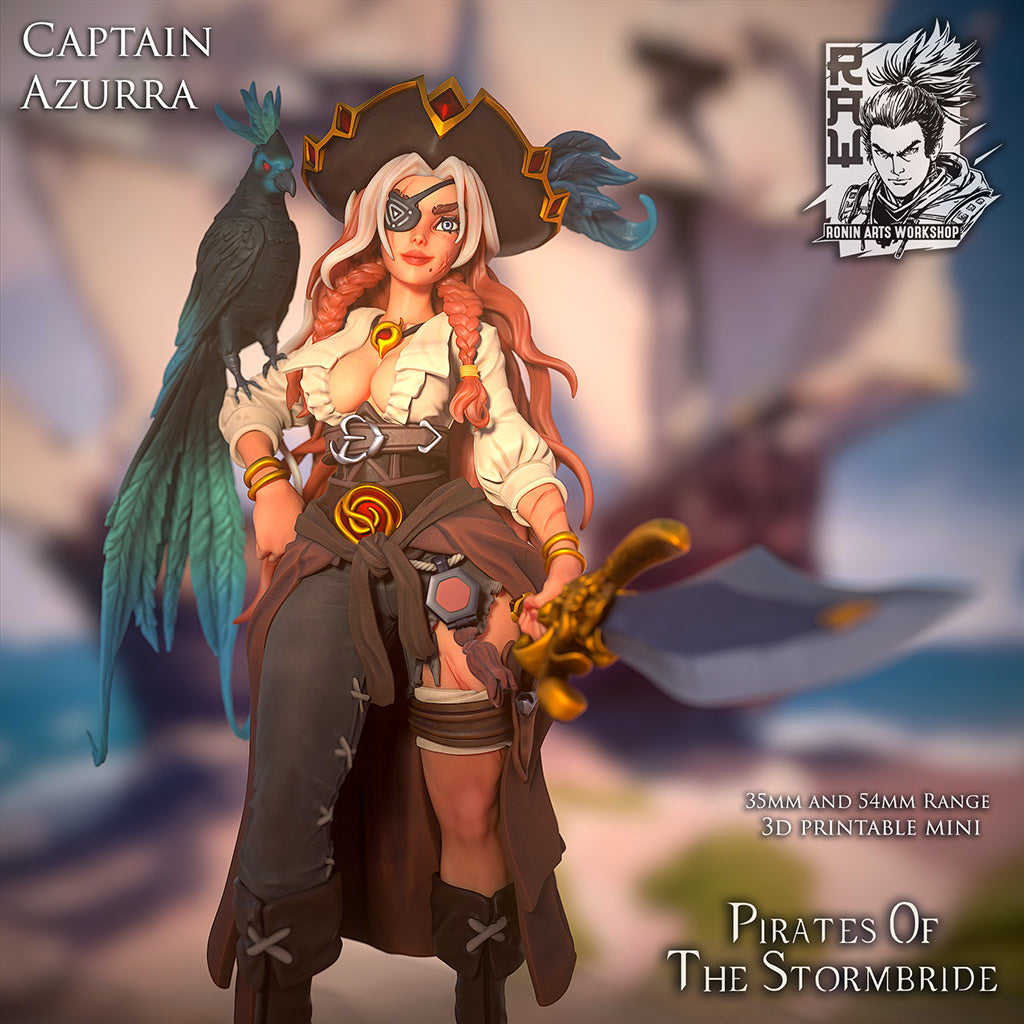 Pirate Captain Azurra | Pirates of the Stormbride | 28mm-120mm Scale | Resin 3D Printed Miniature | Ronin Arts Workshop