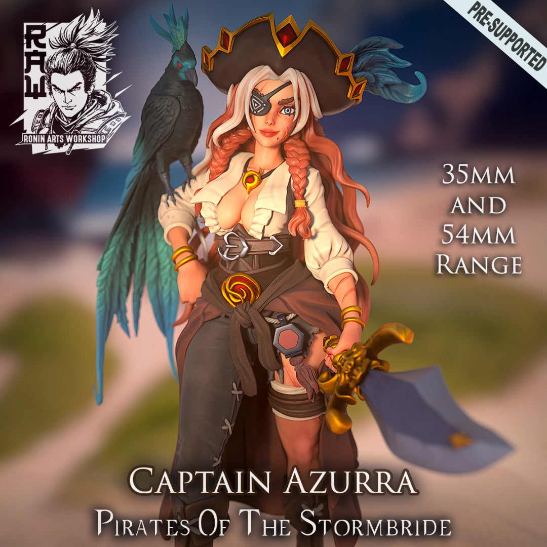 Pirate Captain Azurra | Pirates of the Stormbride | 28mm-120mm Scale | Resin 3D Printed Miniature | Ronin Arts Workshop