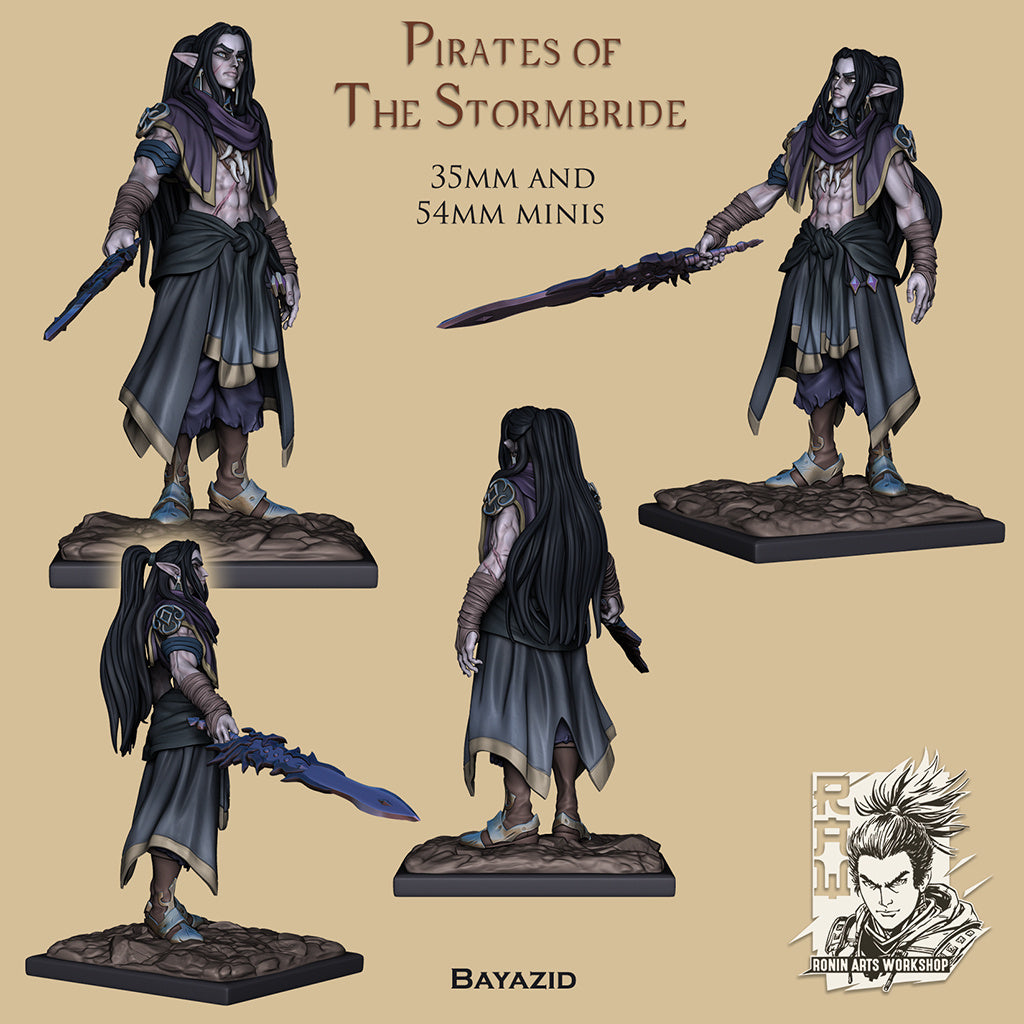 Dark Elf Pirate Bayazid | Pirates of the Stormbride | 28mm-120mm Scale | Resin 3D Printed Miniature | Ronin Arts Workshop