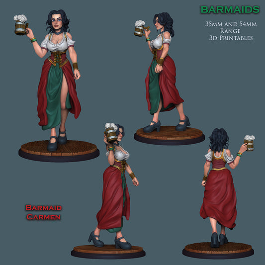 Barmaid Carmen | Multiple Scales | Resin 3D Printed Miniature | Ronin Arts Workshop
