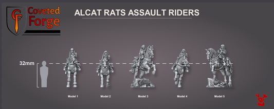 Render of Alcat Rats Assault Riders | 32mm Sci-Fi Cavalry | Rough Rider Proxy: These mounted raiders carry lances and pistols, a grimdark cavalry squad. 3D printed resin miniatures, used as an Imperial Guard Rough Rider proxy.