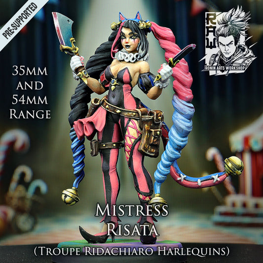 Mistress Risata | Troupe Ridachiaro - Harlequins | 28mm-120mm Scale | Resin 3D Printed Miniature | Ronin Arts Workshop
