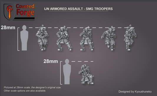 IJN Armored Assault SMG Troopers shown for scale beside a 28mm human silhouette reference