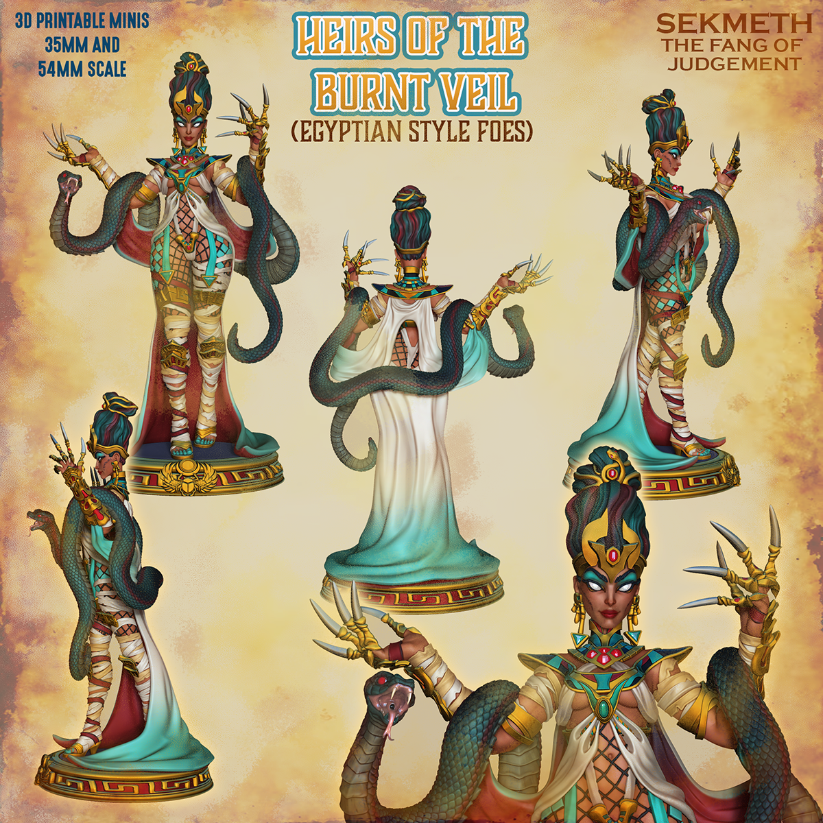 Sekmeth the Fang of Judgement, serpent-wreathed Egyptian goddess, painted resin display miniature by Ronin Arts Workshop.