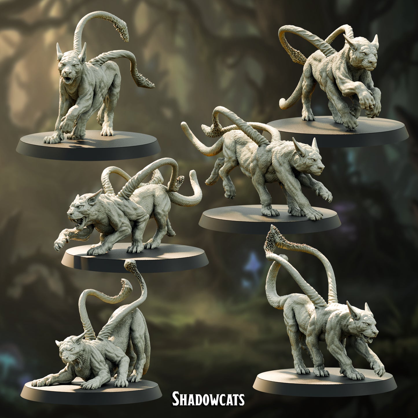 The six shadowcat mounts, six-legged cats with prehensile club tails, Model A to F