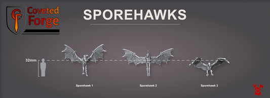 Render of Sporehawks | 32mm Sci-Fi Fungal Flying Beasts | Nurgle Drone Proxy: These fungal birds carry spores as warped hive-mind hosts. 3D printed resin miniatures, used as a Nurgle plague drone proxy.