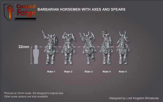 Scale reference render of the five barbarian axe and spear cavalry beside a 32mm human silhouette
