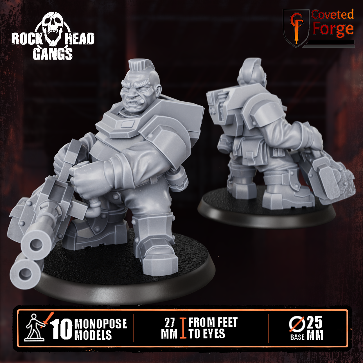 Render of Black Mountain Diggers Gang | 32mm Squat Miner Sci-Fi Proxy: A gang of 10 sci-fi dwarf miners with autoguns, heavy weapons, and mining tools. 3D printed resin, used as a Leagues of Votann or squat gang proxy.