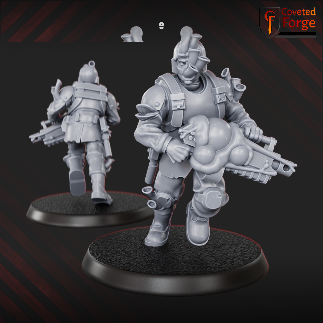 Render of Diseased PG Gunners | 32mm Sci-Fi Plague Renegade Guard Proxy: Mutated renegade-guard infantry bloated with plague. 3D printed resin miniatures, used as a proxy for diseased traitor guard in grimdark sci-fi.