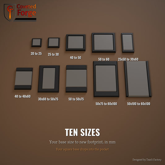 Ten square base adapter sizes, 20mm to 60x100mm