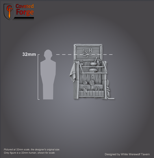 Scale reference: Market Stall at 32mm scale beside a 32mm human silhouette