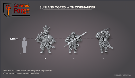 Coveted Forge scale reference: Sunland Ogres with Zweihander beside a 32mm human silhouette