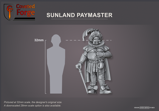 Coveted Forge scale reference: Sunland Paymaster, front view, beside a 32mm human silhouette; pictured at 32mm, the original scale, a downscaled 28mm option is also available
