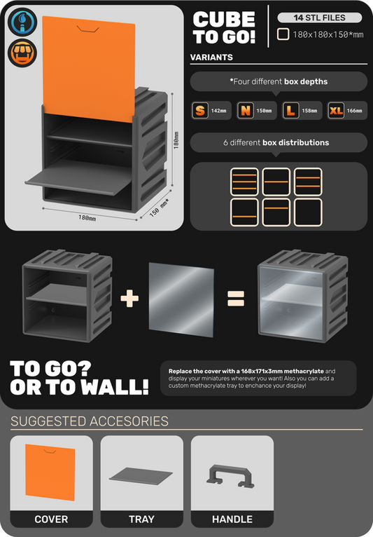 Txarli Factory Cube To Go spec card: 180 x 180 x 150 mm case in four depths, Short (S) 142, Medium (N) 150, Long (L) 158 and XLong (XL) 166 mm, six tray layouts, cover swaps for a 168 x 171 x 3 mm acrylic sheet to wall-display miniatures; cover, tray and handle parts