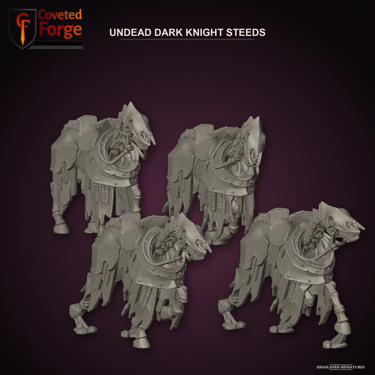 Coveted Forge render of the Complete Set, all four Undead Dark Knight Steeds sculpts, Steed 1 to Steed 4, horses only with empty saddles, in riveted barding and tattered caparisons, three-quarter view; Highlands Miniatures design, October 2026 release
