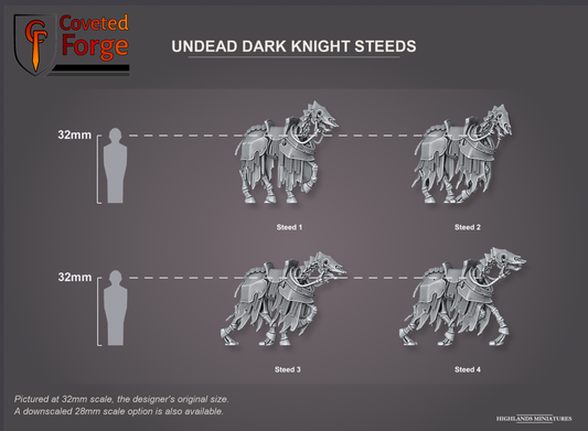 Coveted Forge scale reference: Undead Dark Knight Steeds, labelled Steed 1, Steed 2, Steed 3 and Steed 4; the Complete Set includes every model. Three-quarter side view, beside a 32mm human silhouette; pictured at 32mm, the original scale, a downscaled 28mm option is also available