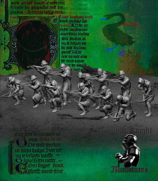 Render of Hussite Crossbowmen | 15th Century Hussite Miniatures: Twelve early-15th-century Hussite crossbowmen in front and rear rank variants. 28-32mm historical wargaming miniatures, 3D printed to order in resin.