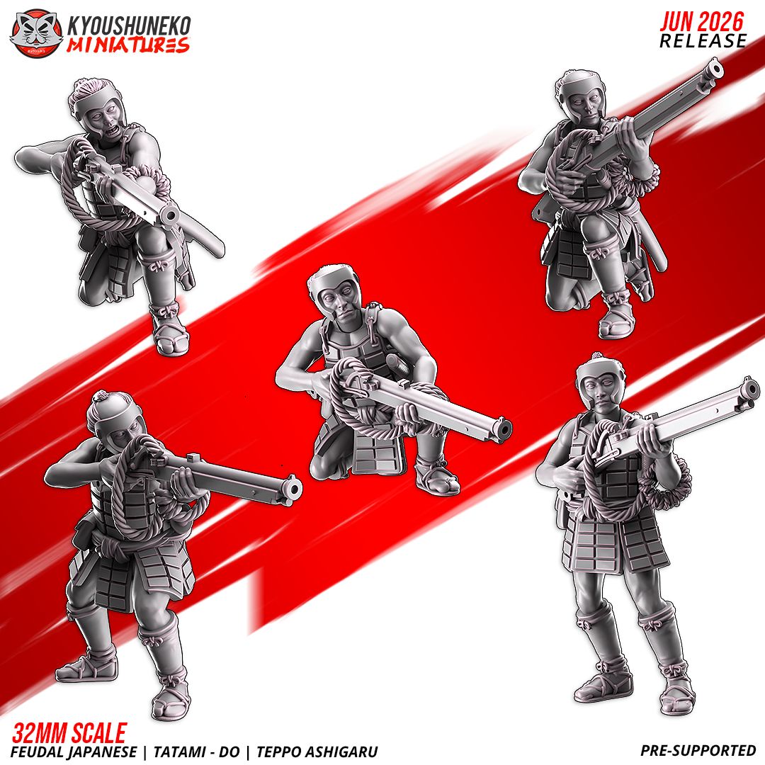 Render of Tatami-dō Ashigaru Musketmen by Kyoushuneko, 28-32mm: Feudal Japanese teppo matchlock ashigaru by Kyoushuneko, 28-32mm resin printed to order. Samurai levy gunners, proxy for Test of Honour.