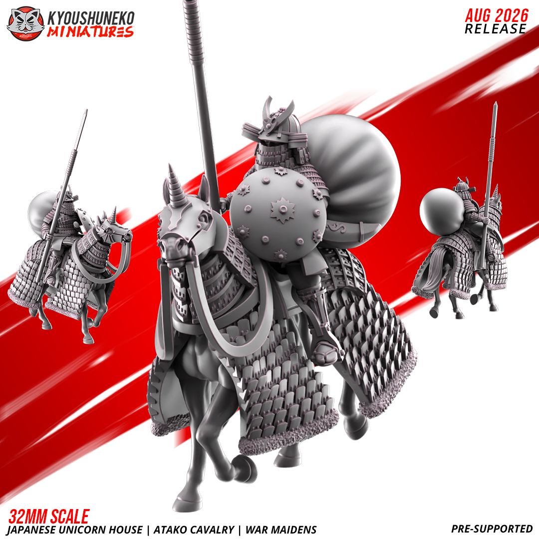 Atako Cavalry War Maiden with raised spear, shield and horo cloak, three views, by Kyoushuneko.