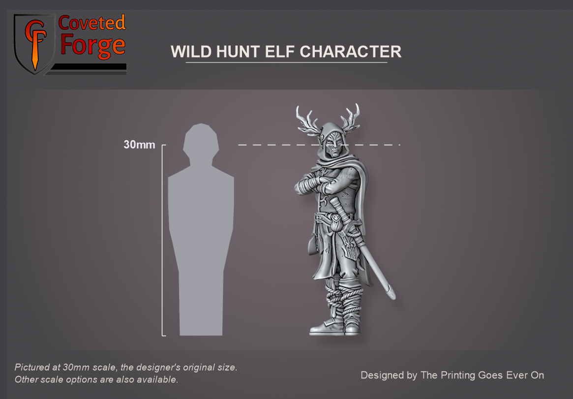 Coveted Forge scale reference: the Wild Hunt Elf Character beside a 30mm human silhouette, with a 28mm downscale also available