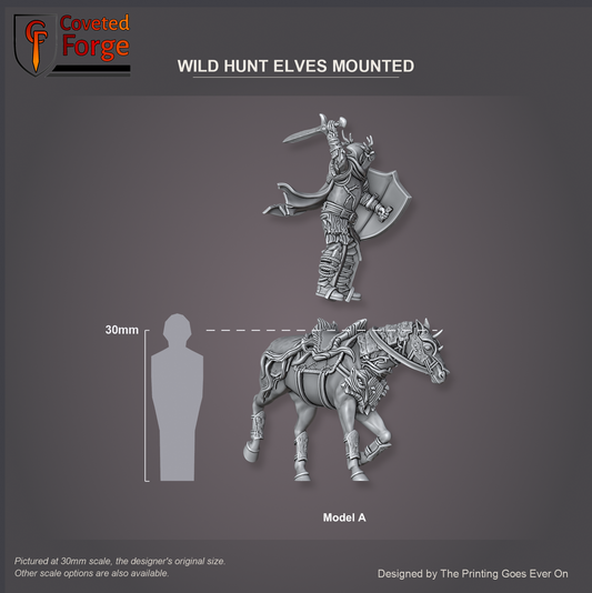 Coveted Forge scale reference: the Wild Hunt Elves Mounted Model A rider floated above its own mount, side profile, beside a 30mm human silhouette; every model in the set is the same scale, with a 28mm downscale also available
