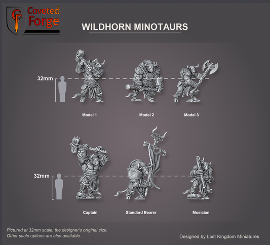 Coveted Forge scale reference: the six Wildhorn Minotaurs, Model 1 to 3 and the captain, standard bearer and musician, each labelled in three-quarter view, in two rows beside a 32mm human silhouette. Pictured at 32mm, the designer's original size, with a 28mm downscale also available.