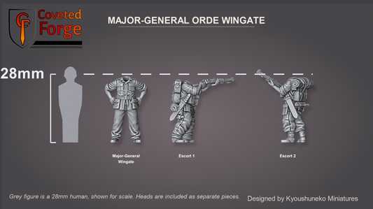 Coveted Forge scale reference: Major-General Wingate and two escort bodies beside a 28mm human silhouette, heads included as separate pieces