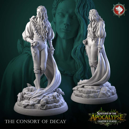 The Consort of Decay alternate angles showing the rose held at the hip and the cape sweeping onto the rocks