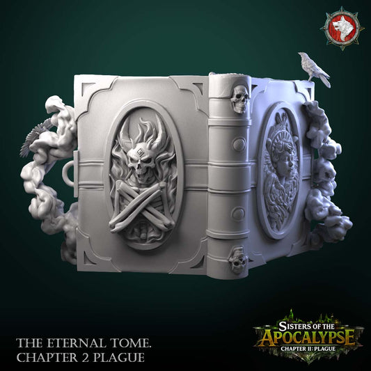 The Eternal Tome: Plague closed rear view showing the skull-and-bones cover relief, spine skulls and winged woman medallion