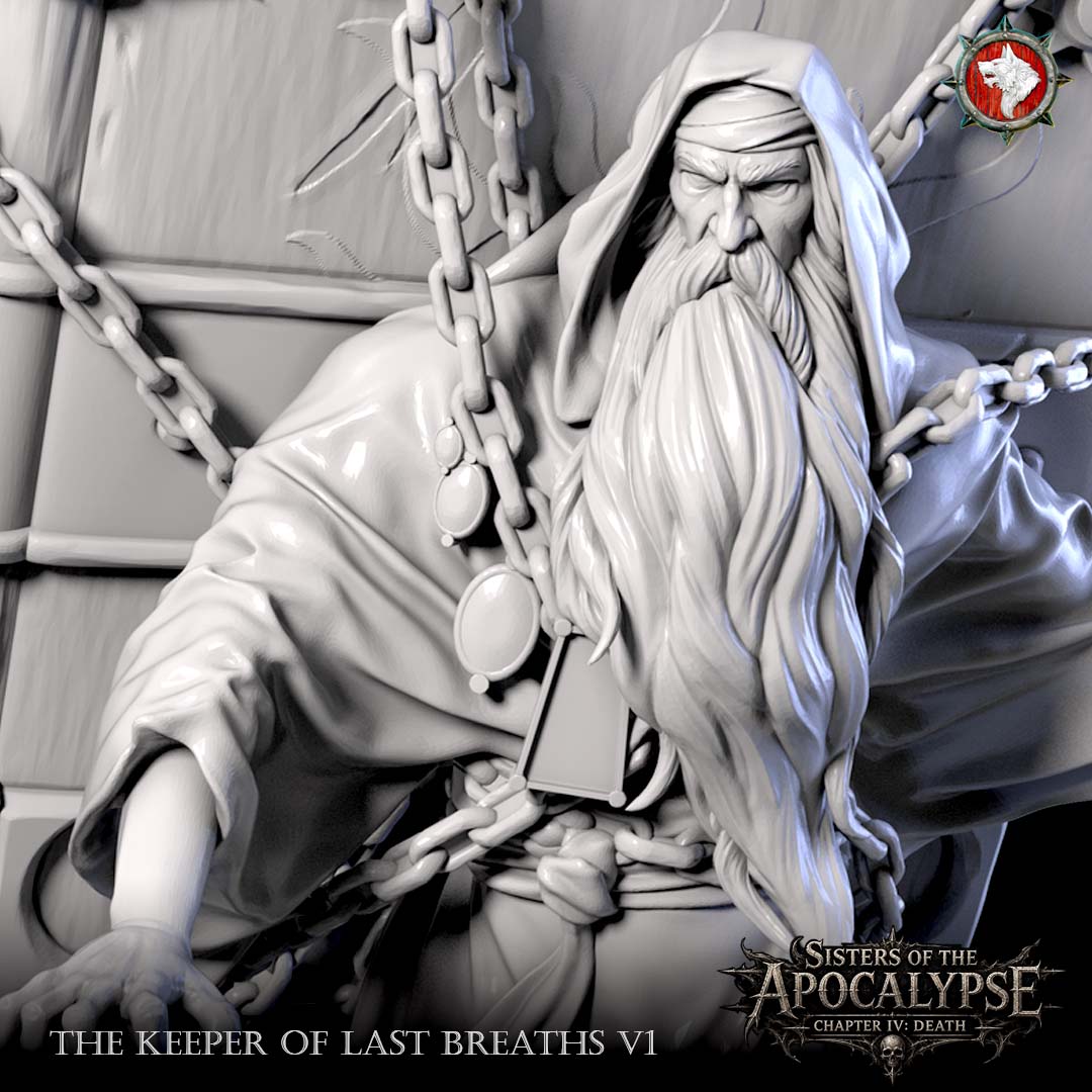 Detail of the Keeper: bearded face under the hood with the chains of the tome.