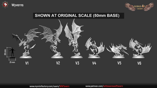 Wyverns V1 to V6 size lineup shown at original scale, 50mm base, beside a 38mm human