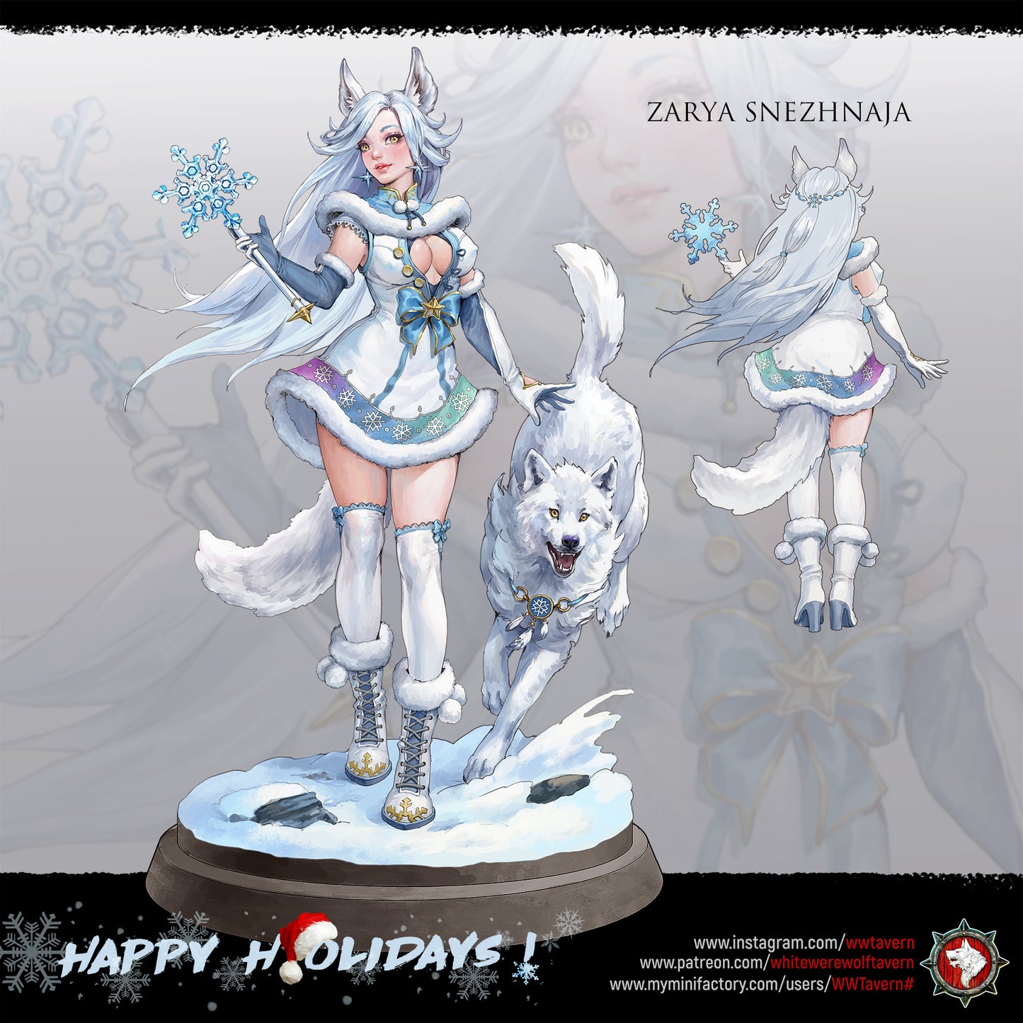 White Werewolf Tavern painted concept art of Zarya Snezhnaya and her white wolf in the snow