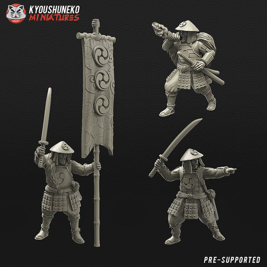 Japanese Ashigaru Command Group | Resin 3D Printed Miniatures | Kyoushuneko | Table Top Gaming | RPG | D&D | Pathfinder