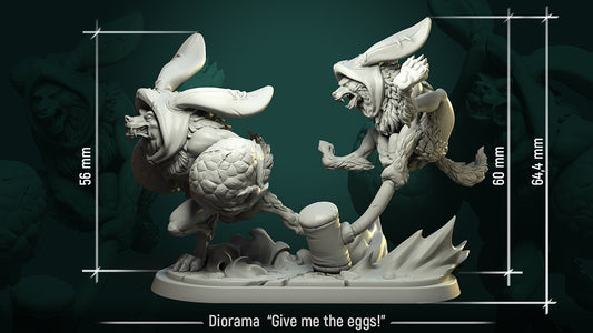 Werewolf Bunny / Diorama / Give Me The Eggs! | Resin 3D Printed Miniature | White Werewolf Tavern