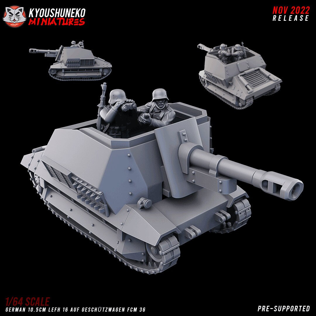 WW2 German Self-Propelled Howitzer | 10.5 cm leFH 16 (Sf.) auf Geschützwagen FCM 36(f) | Resin 3D Printed Miniature | Kyoushuneko