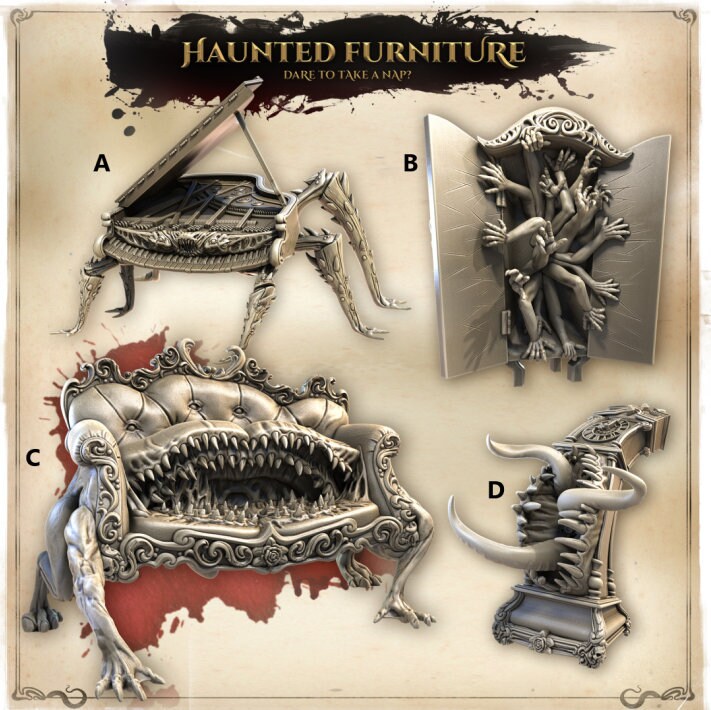 Terrain: Haunted Furniture | Wicked Hills | Resin 3D Printed Miniature | RPG | DND