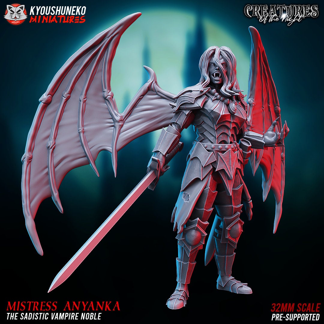 Female Vampire Warrior | Winged Vampiress | Resin 3D Printed Miniature | RPG DND Pathfinder | Kyoushuneko