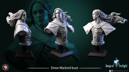 Drow Warlord | Songs Of Twilight | Bust | Resin 3D Printed Miniature | White Werewolf Tavern