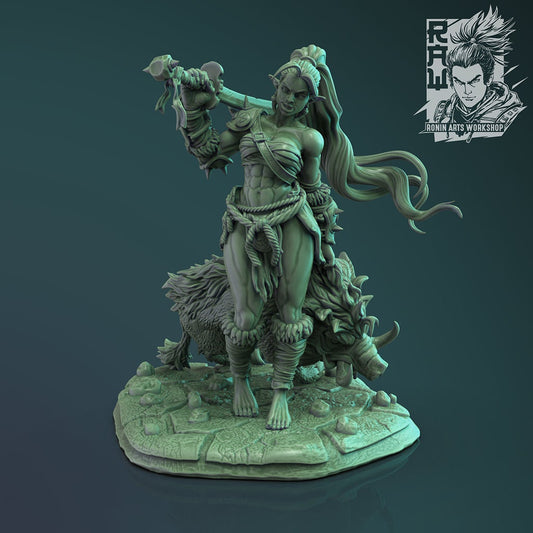 Orc Female Blade Master with Boar Pet | Claws of Hacta | 35mm Scale | Resin 3D Printed Miniature | Ronin Arts Workshop | Guild Wars