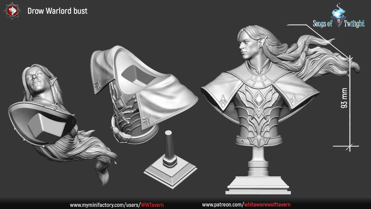 Drow Warlord | Songs Of Twilight | Bust | Resin 3D Printed Miniature | White Werewolf Tavern