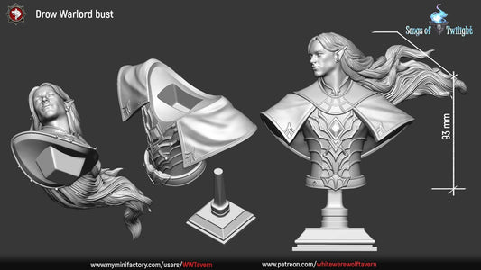 Drow Warlord | Songs Of Twilight | Bust | Resin 3D Printed Miniature | White Werewolf Tavern