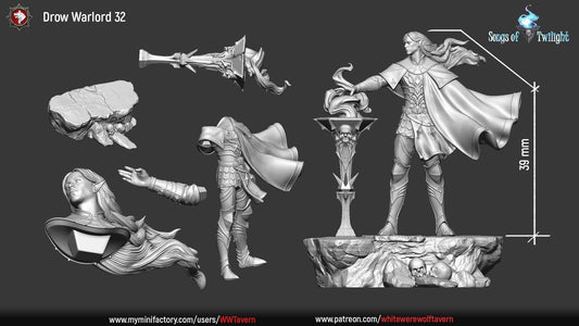 Drow Warlord | Songs Of Twilight | Multiple Scales | Resin 3D Printed Miniature | White Werewolf Tavern | RPG | D&D | DnD