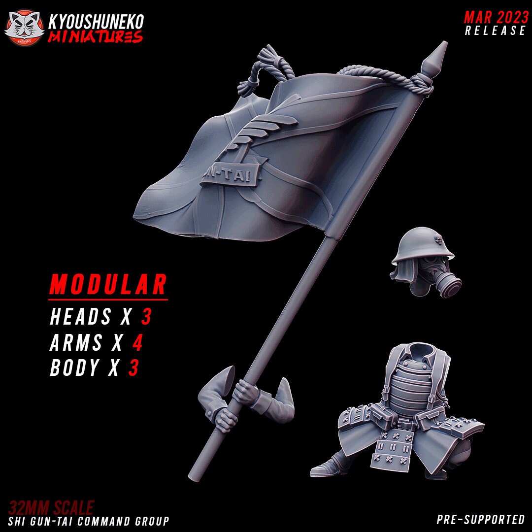 Command Group | Japanese Imperial Shi-gun Guard | Future Sci-Fi | Grimdark Tabletop Gaming | Resin 3D Printed Miniature | Kyoushuneko