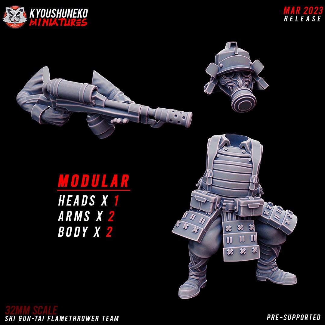 Flamethrower Team | Japanese Imperial Shi-gun Guard | Grimdark Sci-Fi Tabletop Gaming | Resin 3D Printed Miniature | Kyoushuneko