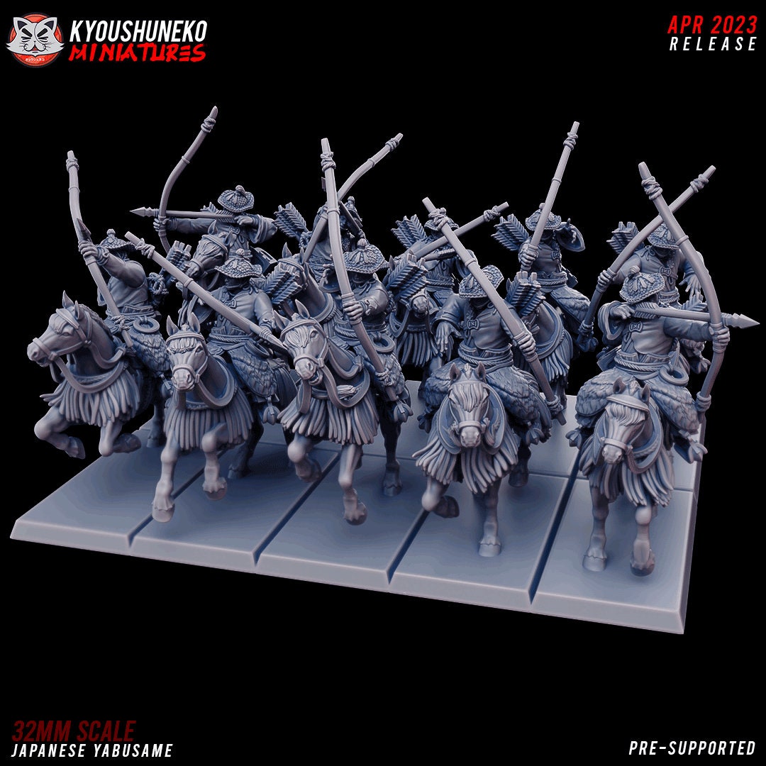 Japanese Mounted Archers | Yabusame | Resin 3D Printed Miniatures | Kyoushuneko | Table Top Gaming | RPG | D&D | Pathfinder