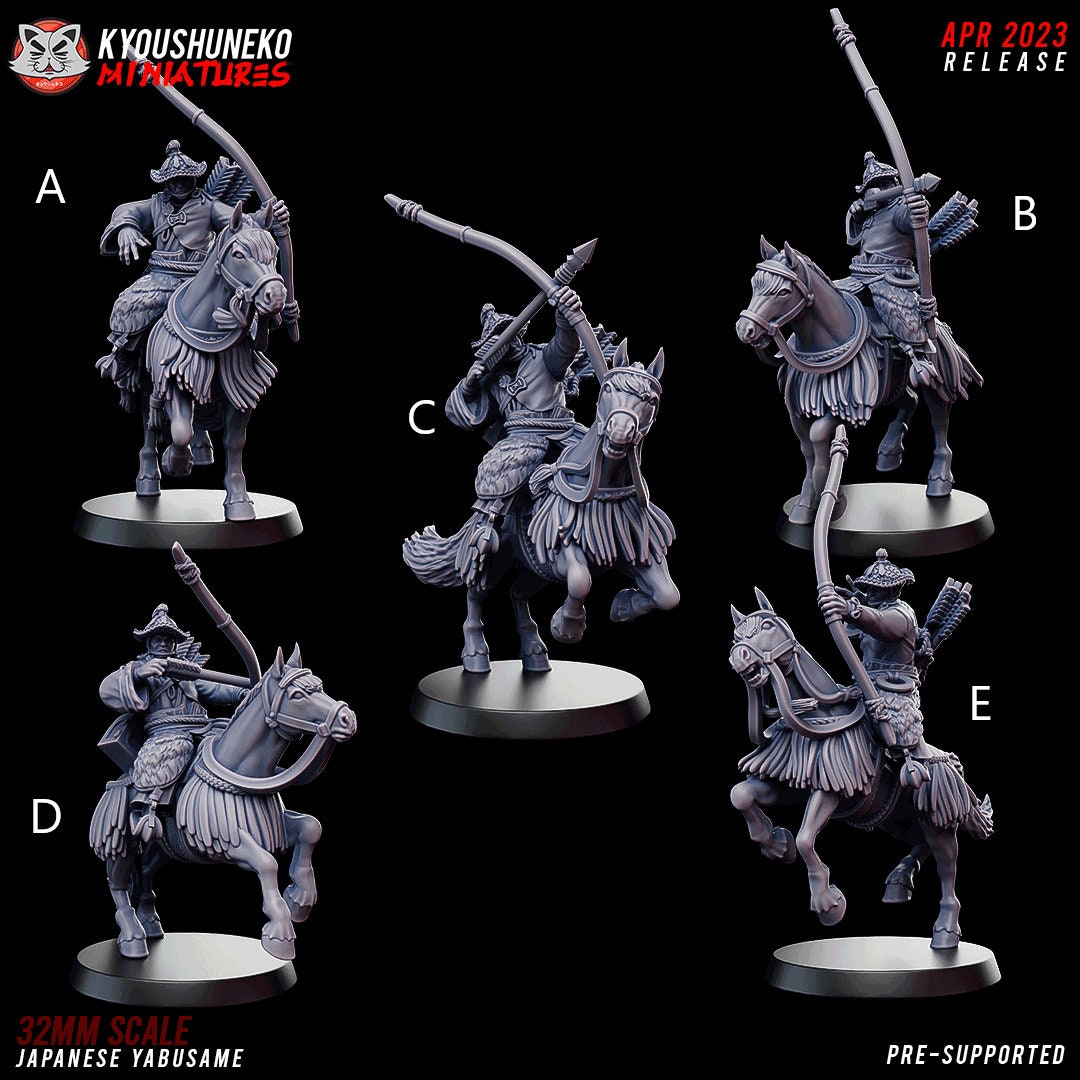 Japanese Mounted Archers | Yabusame | Resin 3D Printed Miniatures | Kyoushuneko | Table Top Gaming | RPG | D&D | Pathfinder