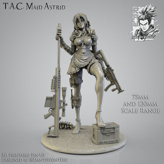 Astrid - Sexy Maid with Sniper Rifle | Assassin | 75mm / 120mm | 3 Variants| Resin 3D Printed Pinup | Ronin Arts Workshop